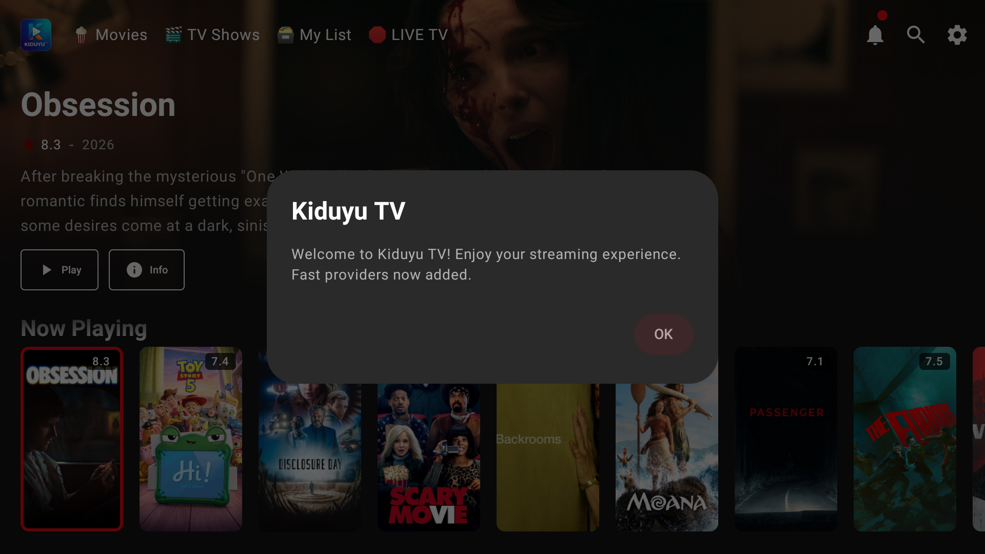 KiduyuTV home screen showing featured movies and content rows