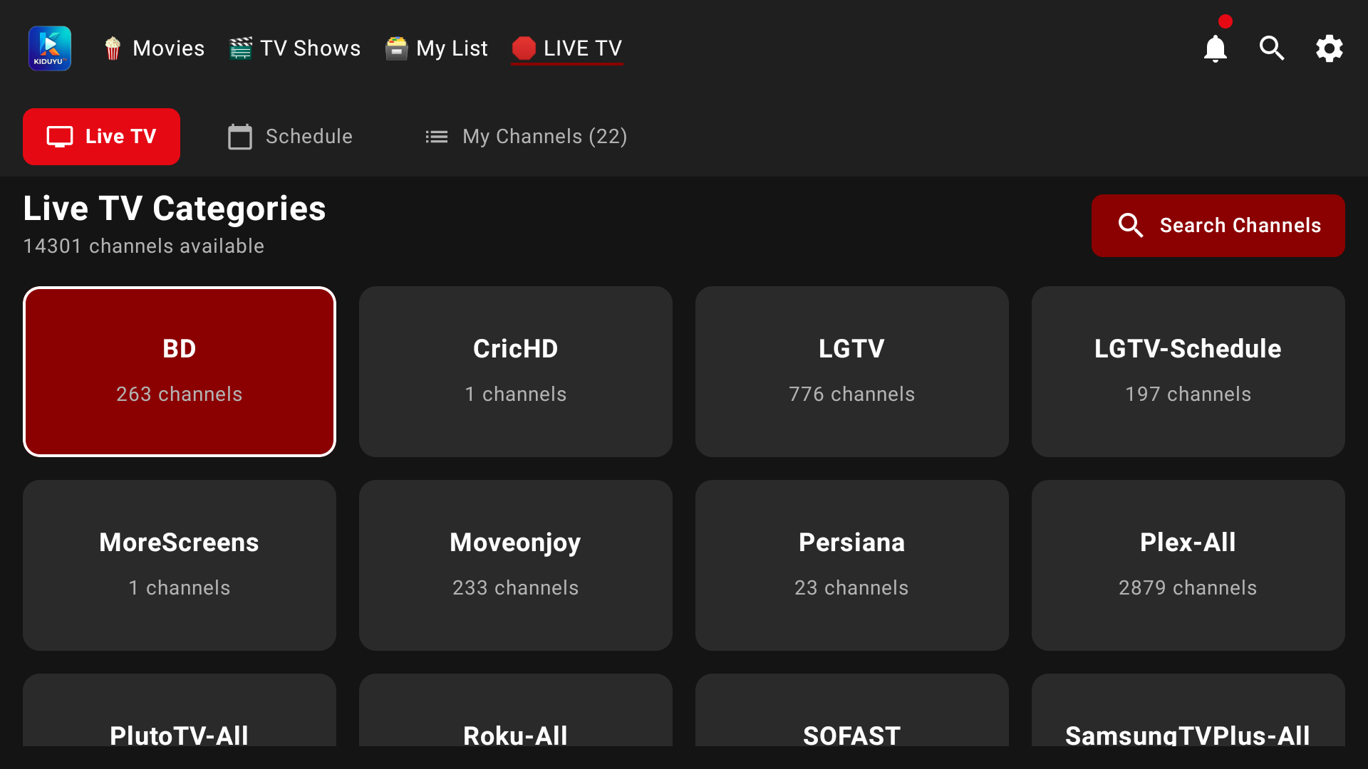 KiduyuTV Live TV categories and tabs