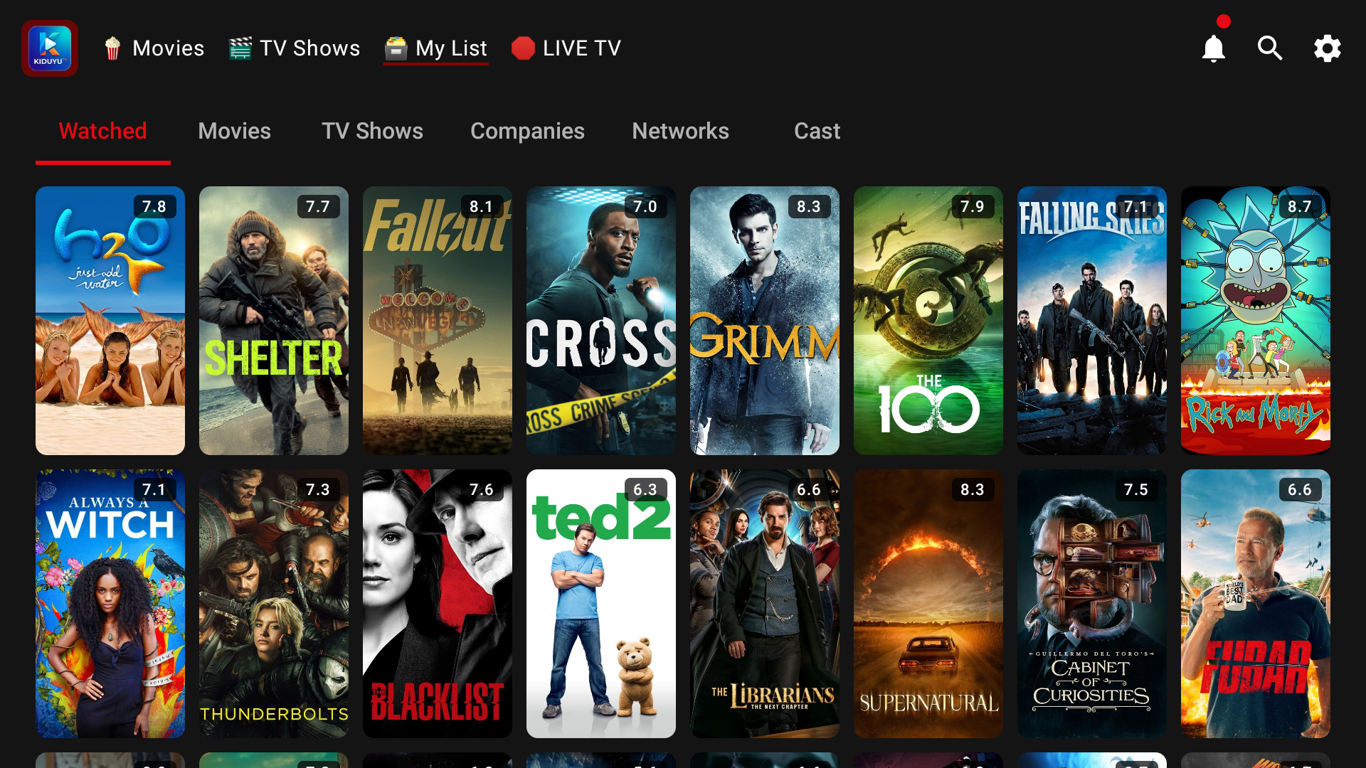 KiduyuTV My List screen with tabs