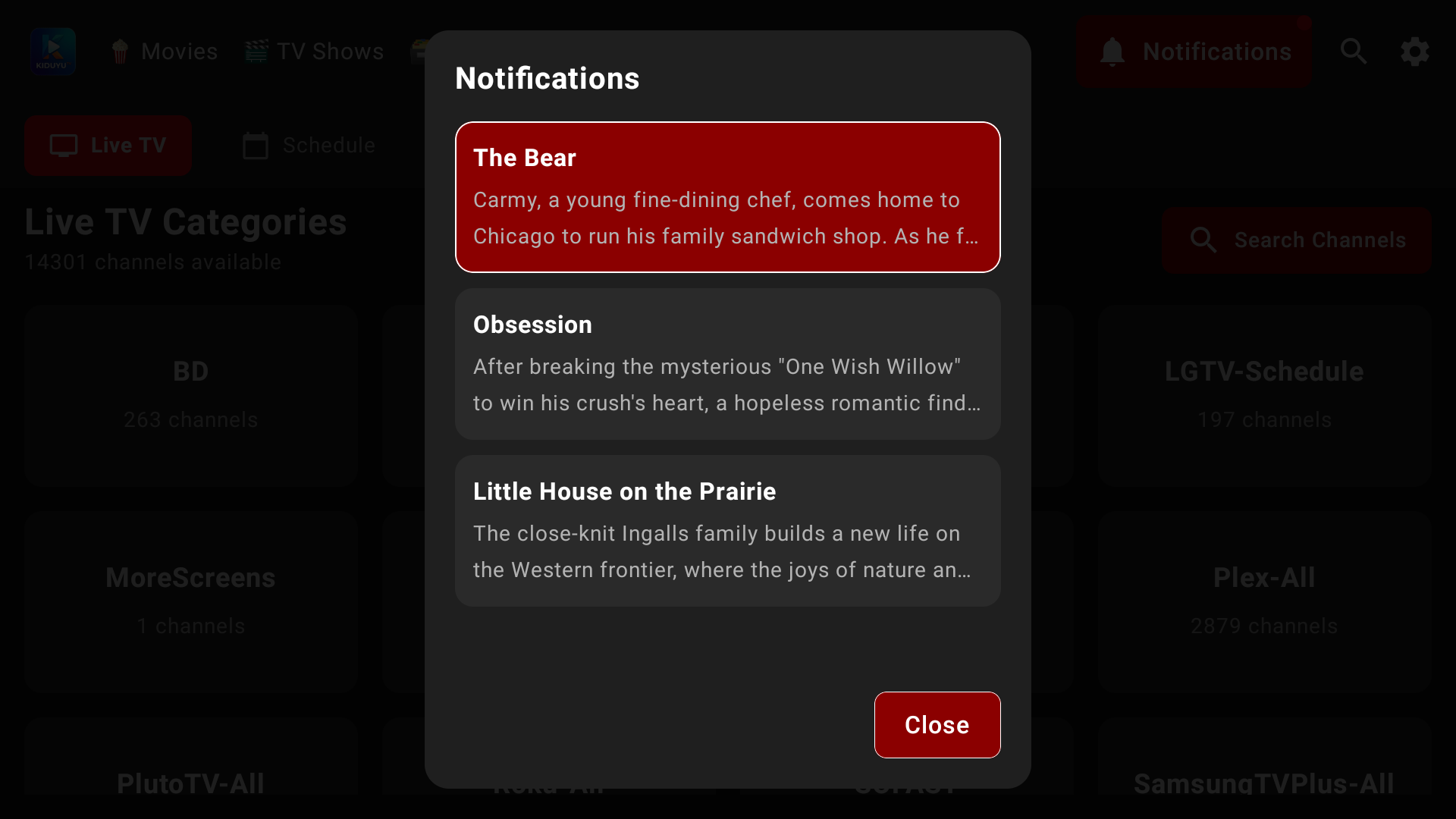 KiduyuTV notifications screen