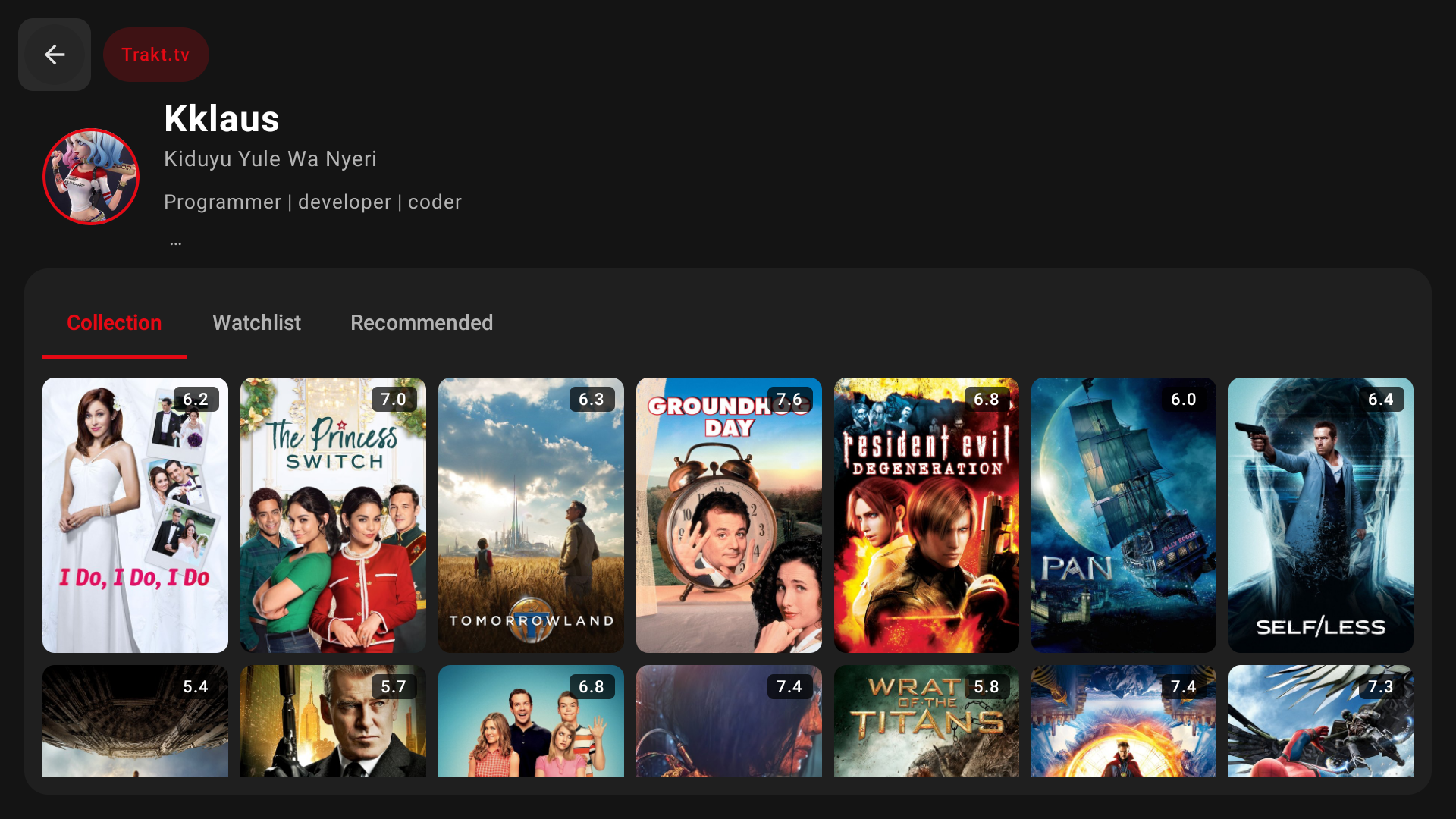 KiduyuTV Trakt profile collection screen